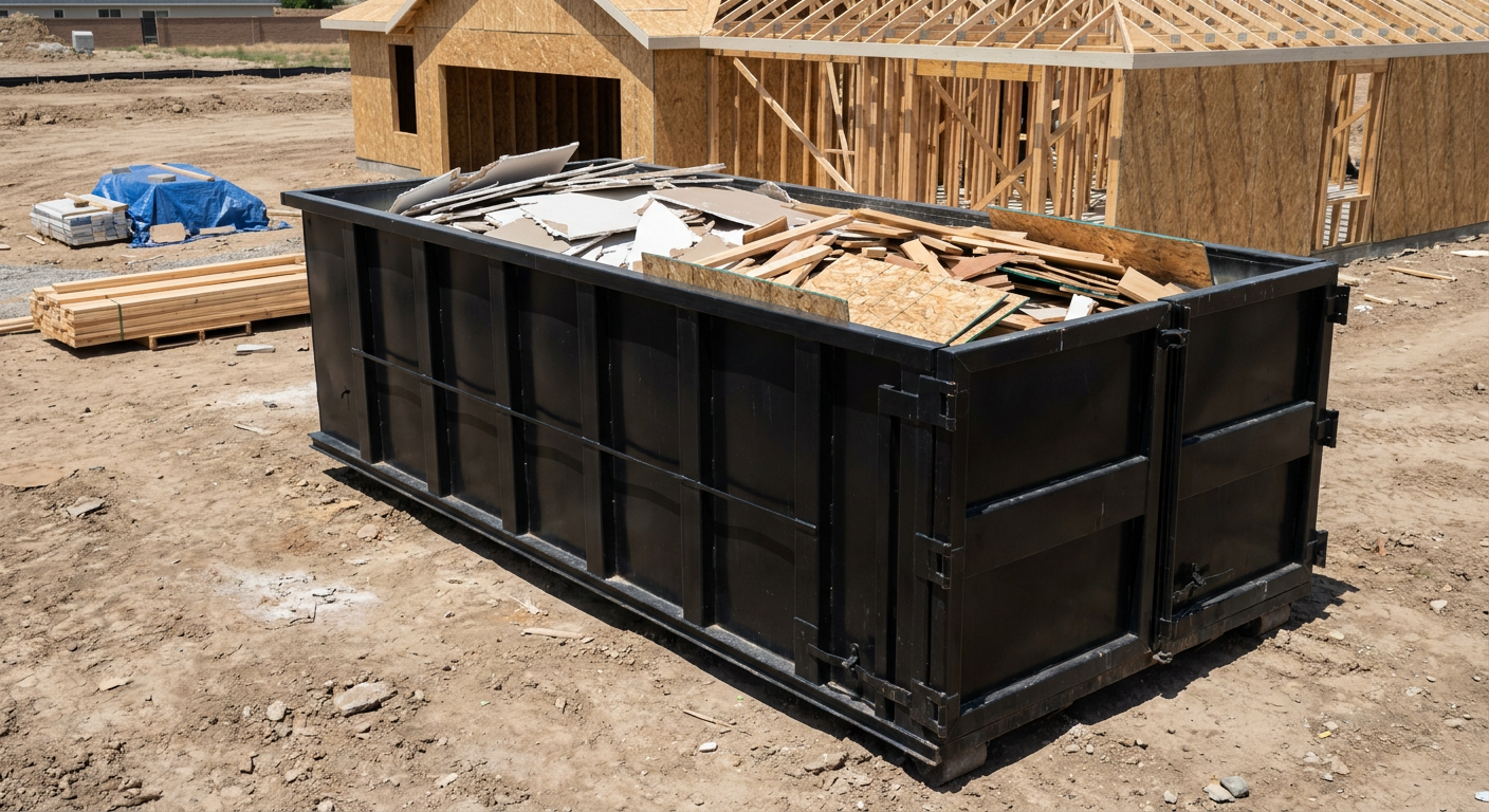 Matte-black 30-yard roll-off construction dumpster sitting directly on the compacted-dirt site of a framed single-family home build in Youngstown, drywall and lumber scrap loaded inside.