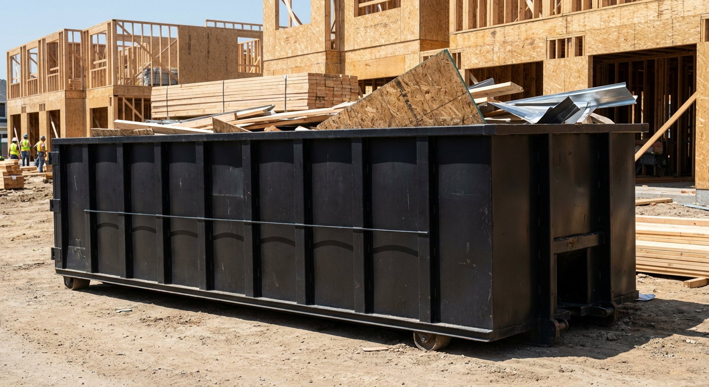 Matte-black 40-yard roll-off construction dumpster being lowered from a white-cab hooklift delivery truck onto the compacted-dirt jobsite at a commercial build site in Youngstown