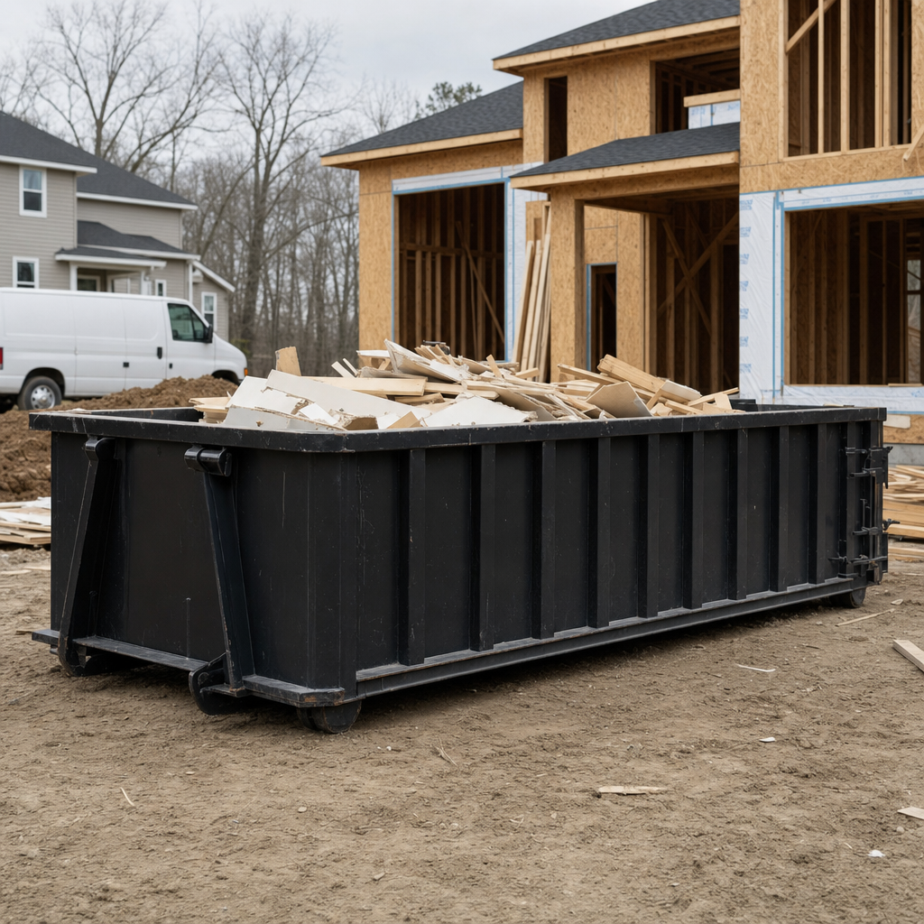Worker in a yellow high-visibility vest tossing framing lumber and broken drywall into a matte-black 30-yard construction roll-off dumpster on an active build site in Youngstown, bright daylight
