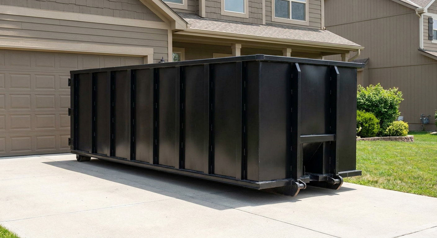 Matte-black residential roll-off dumpster sitting directly on a suburban Youngstown concrete driveway, garage door closed, single-family home in background, bright morning daylight.
