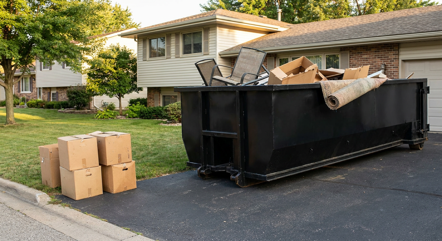 Front-yard view of a Youngstown split-level home with a 20-yard matte-black roll-off dumpster sitting directly on the asphalt driveway, a few clearly labeled donation boxes staged at the curb, calm sunny afternoon.
