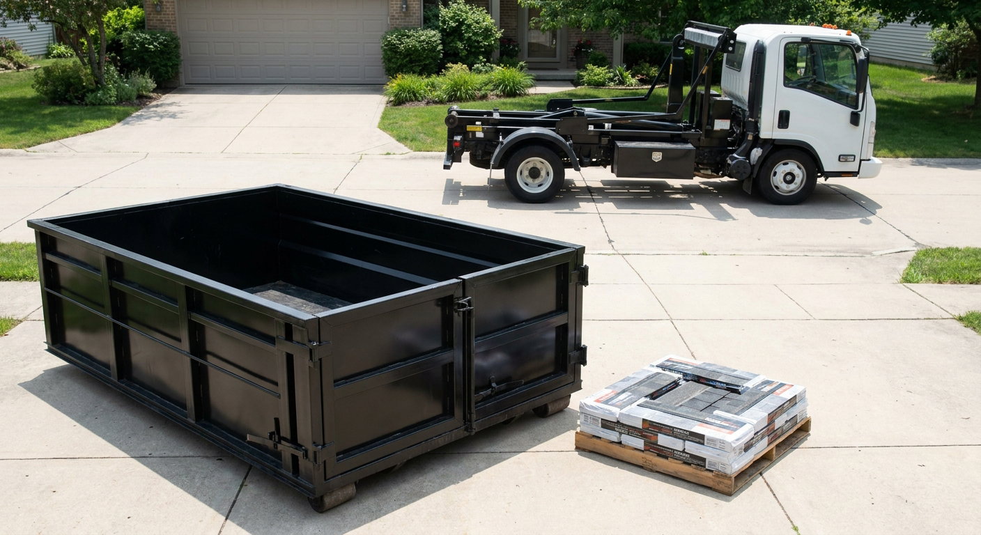 Matte-black 15-yard roofing roll-off dumpster with reinforced low side walls sitting directly on a Youngstown residential concrete driveway, three-tab asphalt shingle bundles stacked nearby, an unmarked white hauler truck partially visible at the edge of the frame.