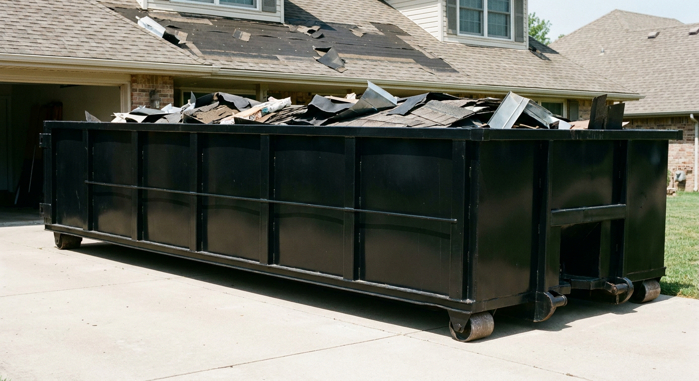 Matte-black 20-yard roofing roll-off dumpster with steel ribbed sides and swinging rear door, sitting directly on the concrete driveway of a two-story Youngstown home, asphalt shingle debris being loaded over the low wall, clean documentary lighting.
