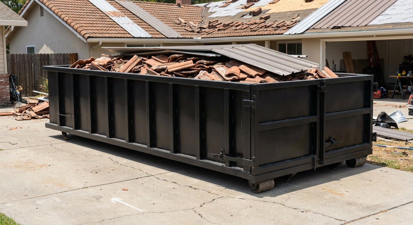 Matte-black low-wall heavy-debris roofing roll-off dumpster sitting directly on a Youngstown concrete driveway, broken concrete clay roof tiles and metal panel sections loaded inside, reinforced ribbed steel side walls visible, bright outdoor daylight.