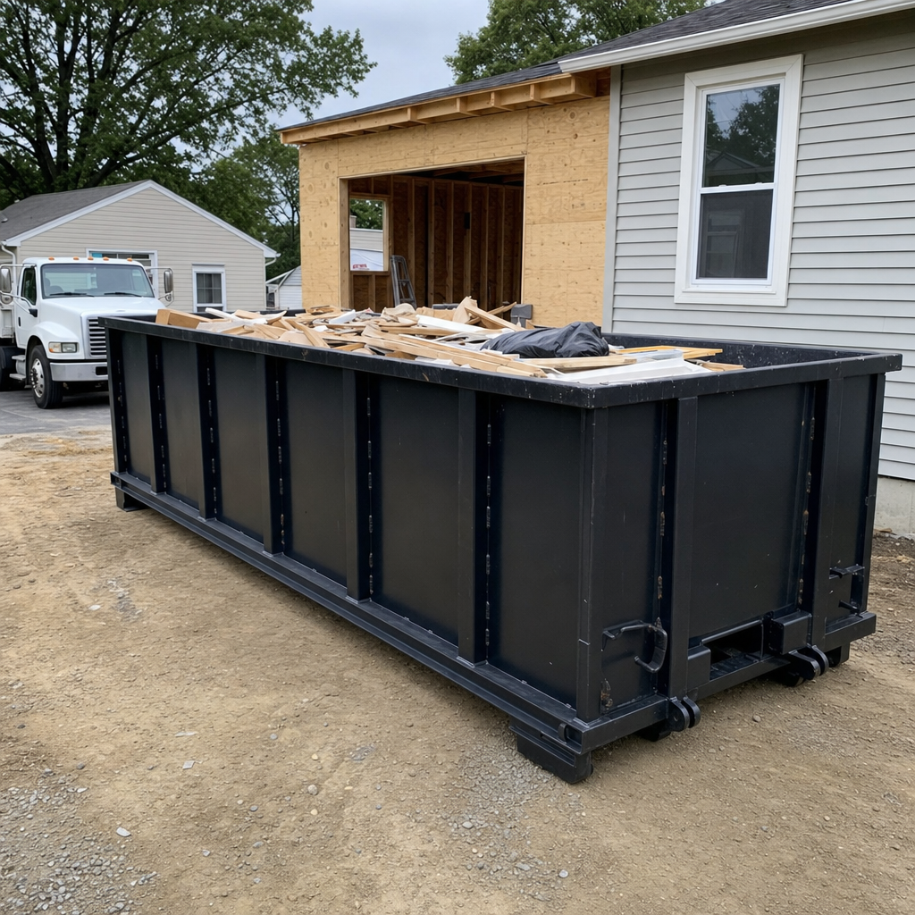 A matte-black 30-yard roll-off dumpster positioned at a Youngstown residential addition jobsite, with framing lumber and drywall scraps loaded through the open swinging rear doors.