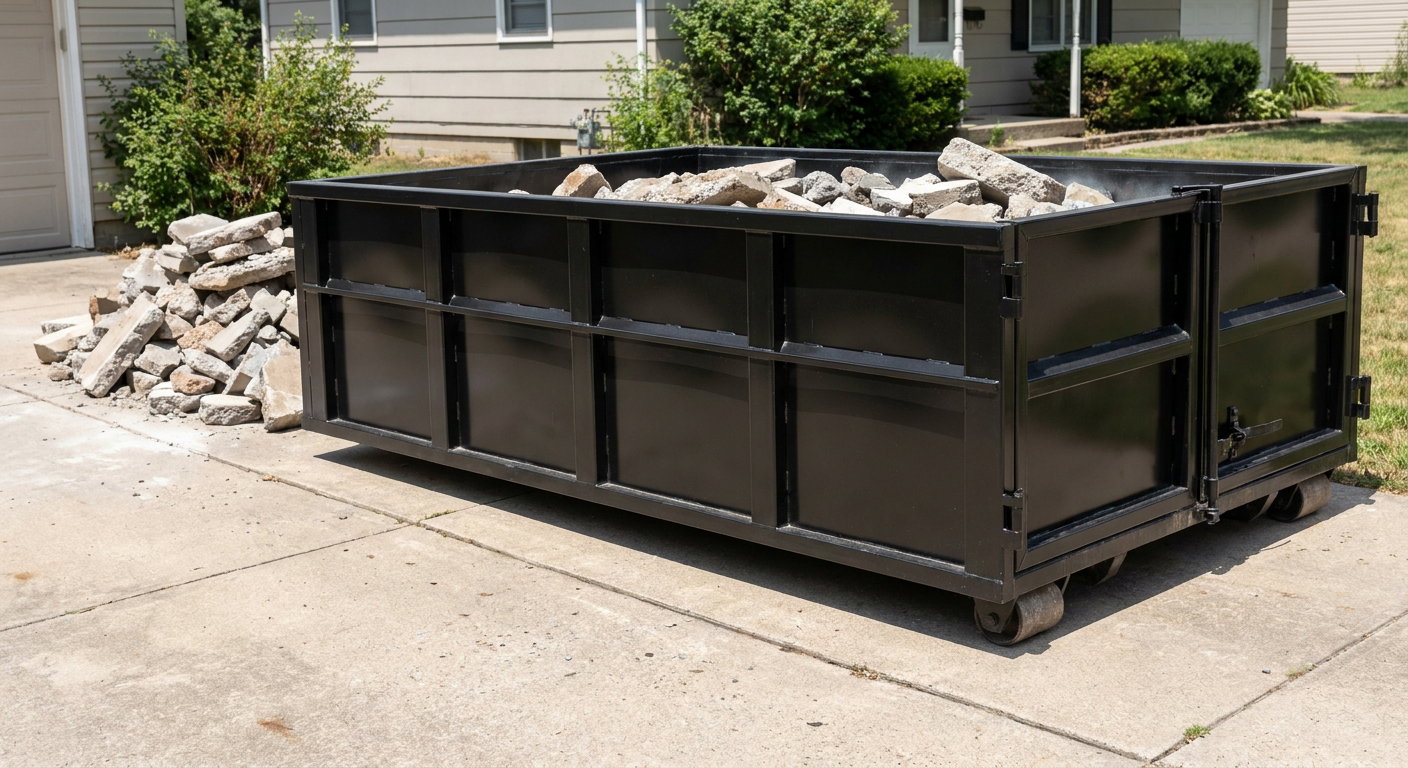 A matte-black low-side heavy-debris roll-off dumpster placed directly on a Youngstown concrete driveway, with broken concrete chunks neatly stacked beside it under clean daylight.